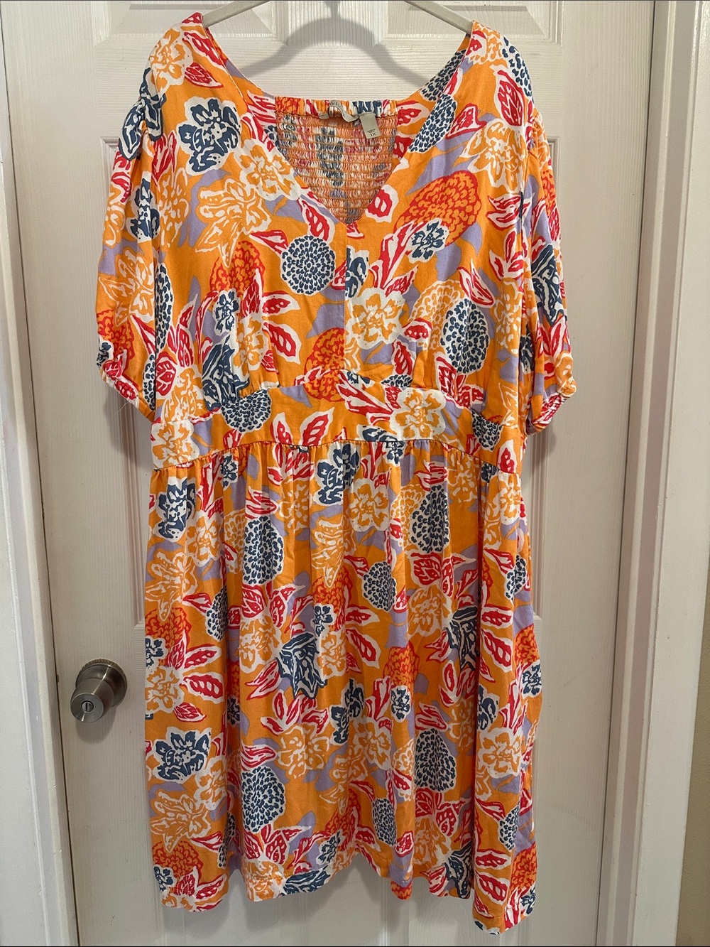 AnyBody Floral Smocked V-Neck Dress in Orange, Blue and Red Accents 🧡💙